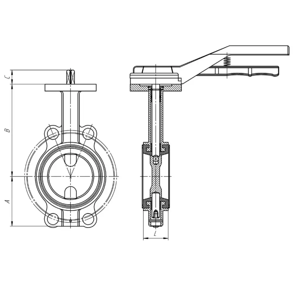 Затвор поворотный дисковый межфланцевый ПА 652.80.16-01 (корпус - чугун GGG40, диск - сталь коррозионностойкая CF8M, уплотнение - EPDM) DN 80 мм PN 16 кгс/см2